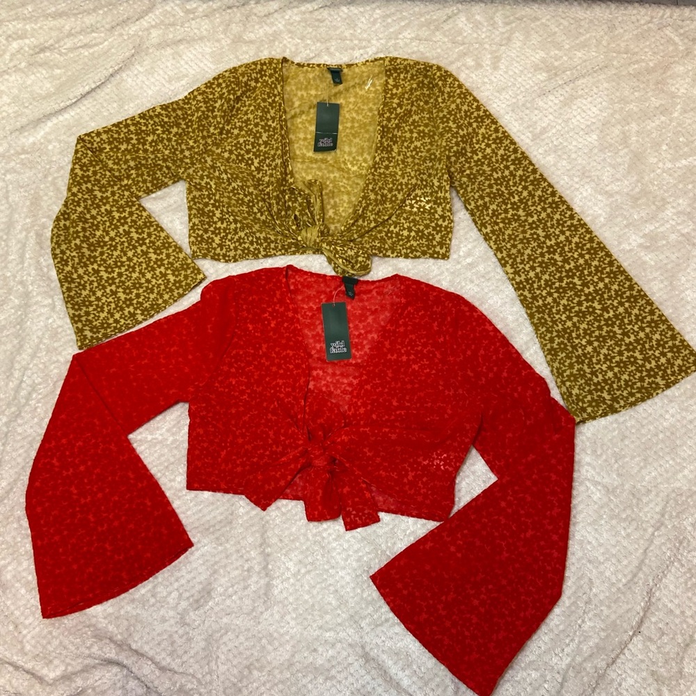 1 Red and 1 Mustard Yellow Crop tops Ties in the middle to make a bow